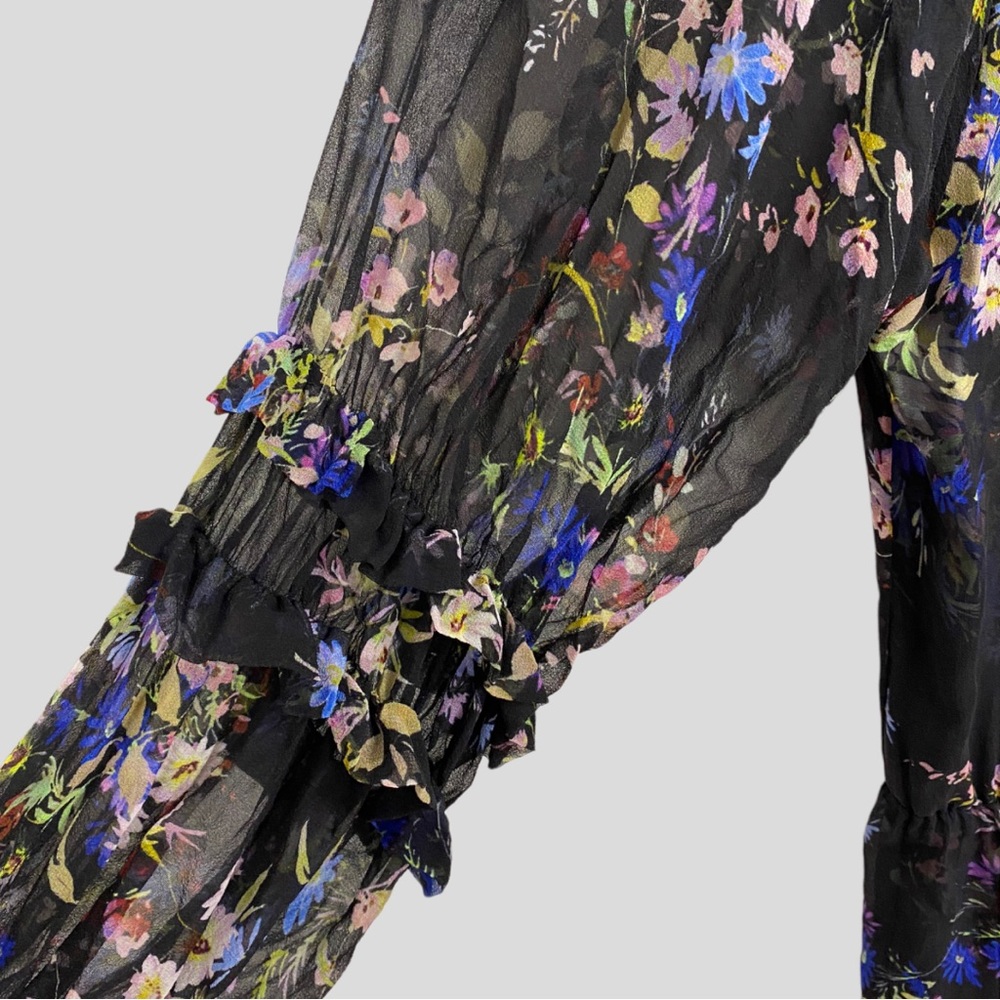 Parker Black + Multicolor Floral Silk Ruffle Trim Tie Neck Dress - Picture 3 of 8
